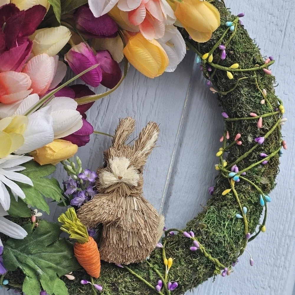 Handmade Spring Floral Easter Wreath with Bunny Moss Covered With Tulips Daisies